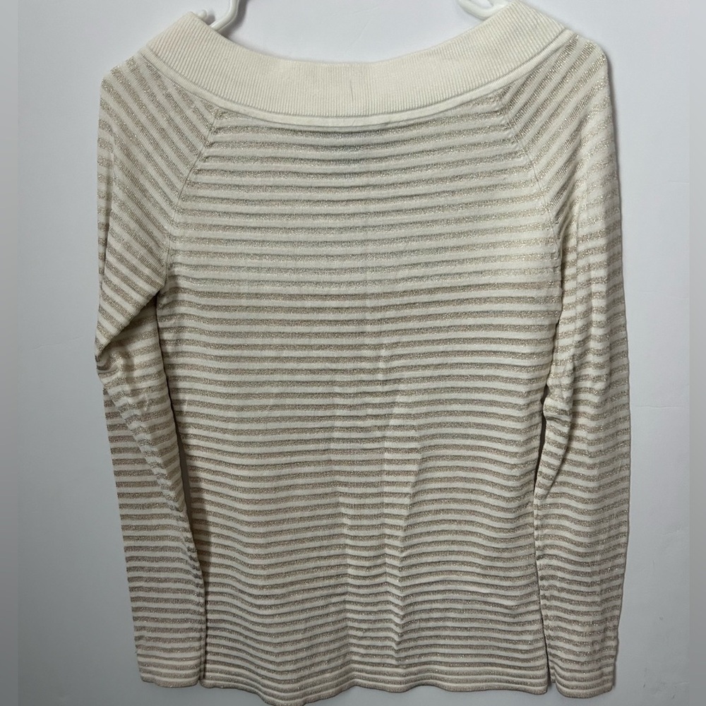 White House Black Market Cream & Gold Striped Sweater buttons on sleeve S flaws - Picture 5 of 5
